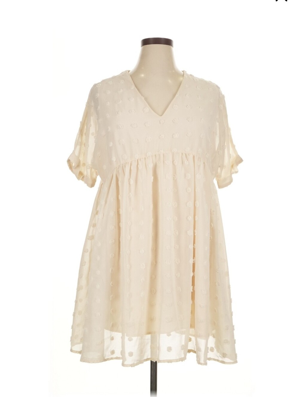 Oversized Cream Swiss Dot V-Neck Babydoll Dress (717)